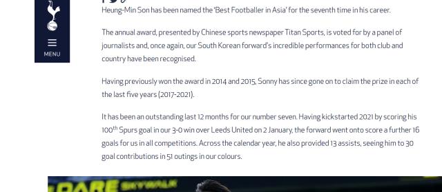 柠檬直播-热刺官网首页: 孙兴慜获体坛周报2021亚洲金球奖