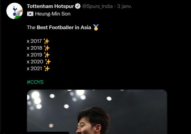 柠檬直播-热刺官网首页: 孙兴慜获体坛周报2021亚洲金球奖